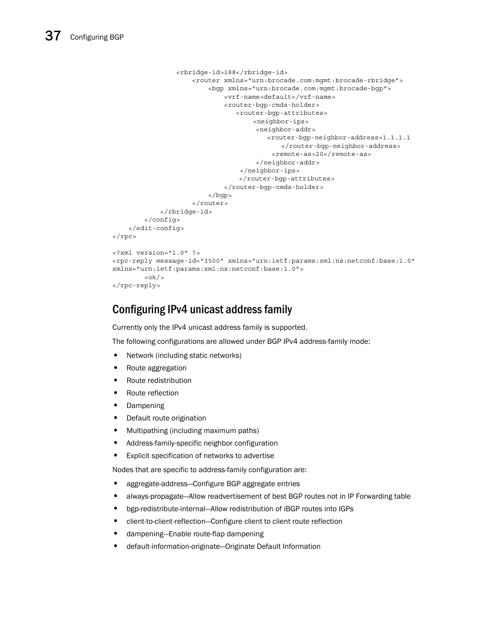 Configuring ipv4 unicast address family | Brocade Network OS NETCONF Operations Guide v4.1.1 User Manual | Page 592 / 622