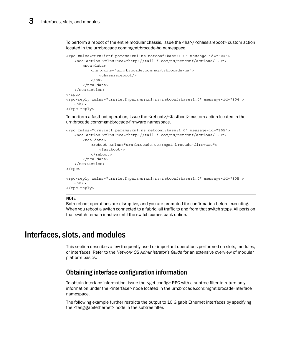 Interfaces, slots, and modules, Obtaining interface configuration information | Brocade Network OS NETCONF Operations Guide v4.1.1 User Manual | Page 60 / 622