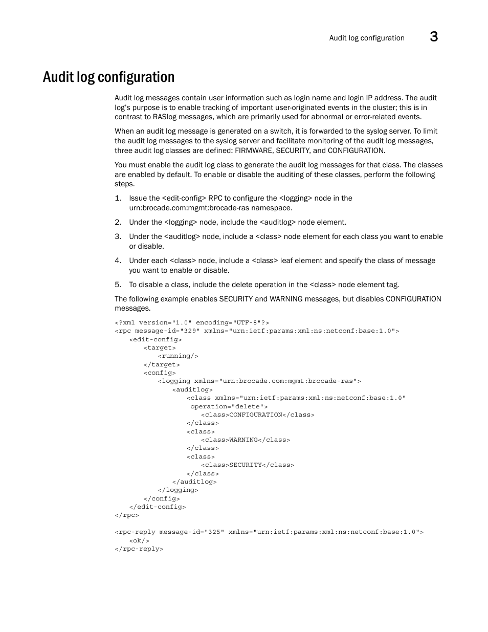 Audit log configuration | Brocade Network OS NETCONF Operations Guide v4.1.1 User Manual | Page 77 / 622