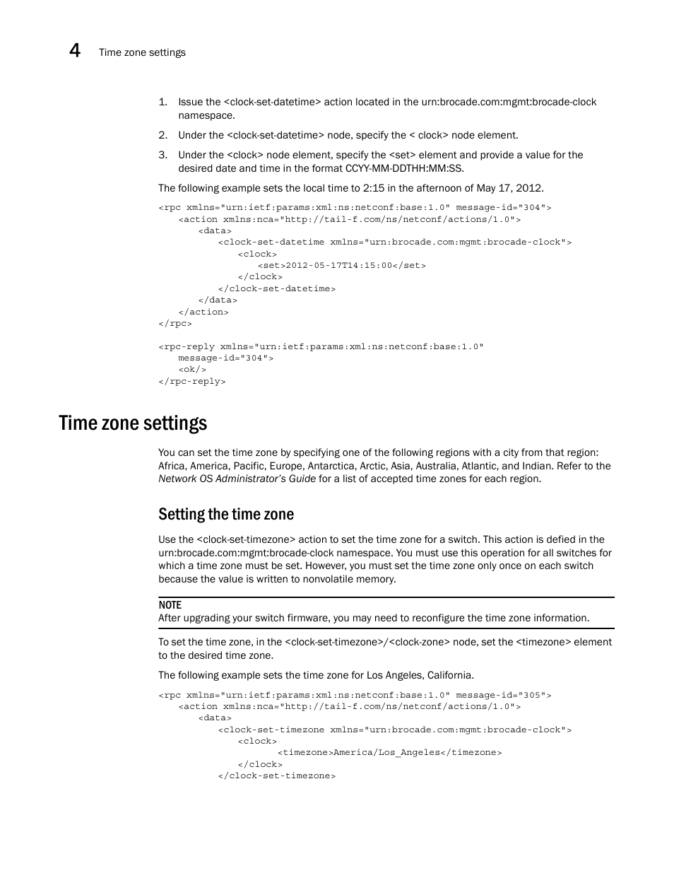 Time zone settings, Setting the time zone | Brocade Network OS NETCONF Operations Guide v4.1.1 User Manual | Page 80 / 622