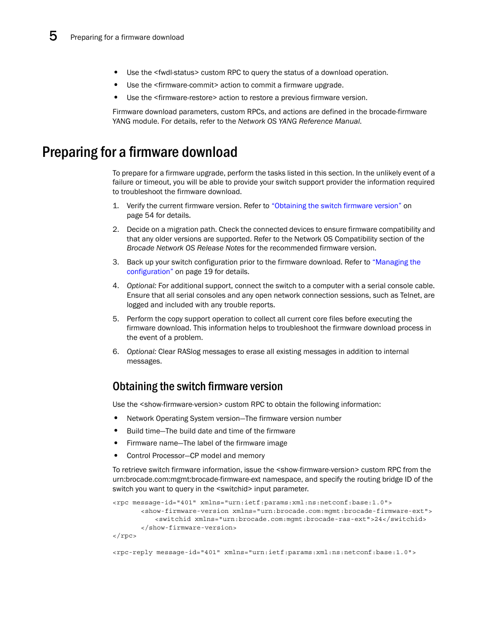 Preparing for a firmware download, Obtaining the switch firmware version | Brocade Network OS NETCONF Operations Guide v4.1.1 User Manual | Page 86 / 622