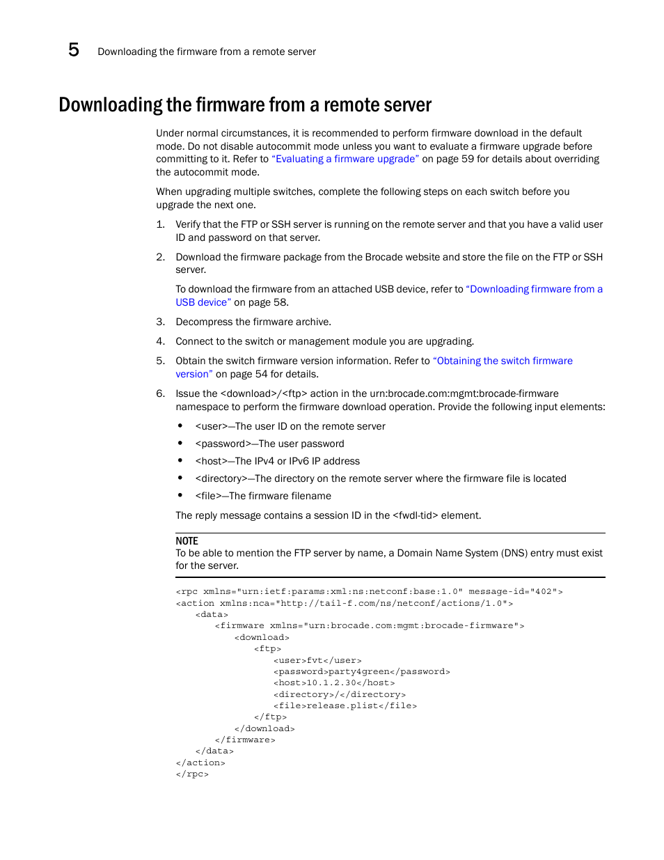 Downloading the firmware from a remote server | Brocade Network OS NETCONF Operations Guide v4.1.1 User Manual | Page 88 / 622