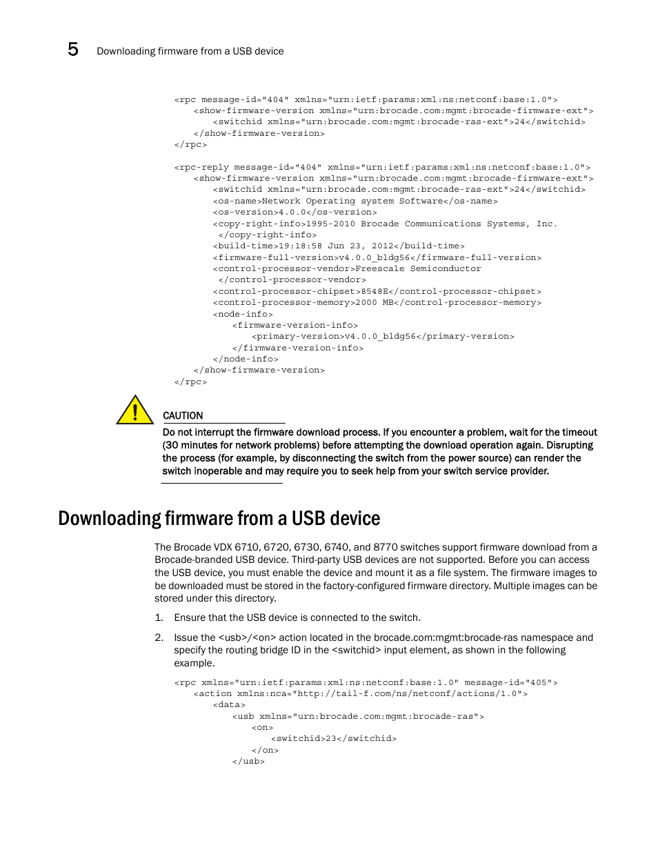 Downloading firmware from a usb device, Downloading firmware from a, Usb device | Brocade Network OS NETCONF Operations Guide v4.1.1 User Manual | Page 90 / 622