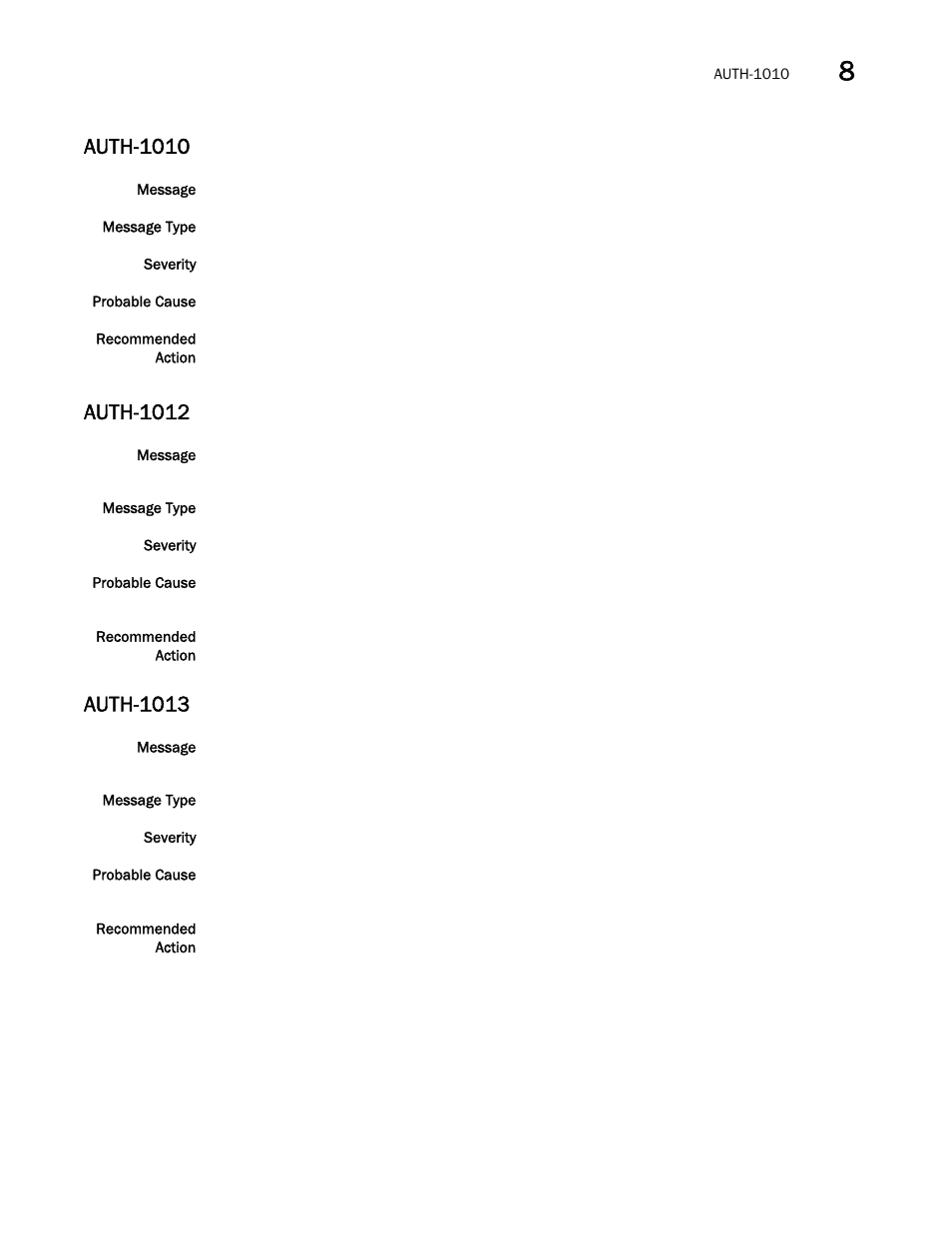 Auth-1010, Auth-1012, Auth-1013 | Brocade Network OS Message Reference v4.1.1 User Manual | Page 103 / 478