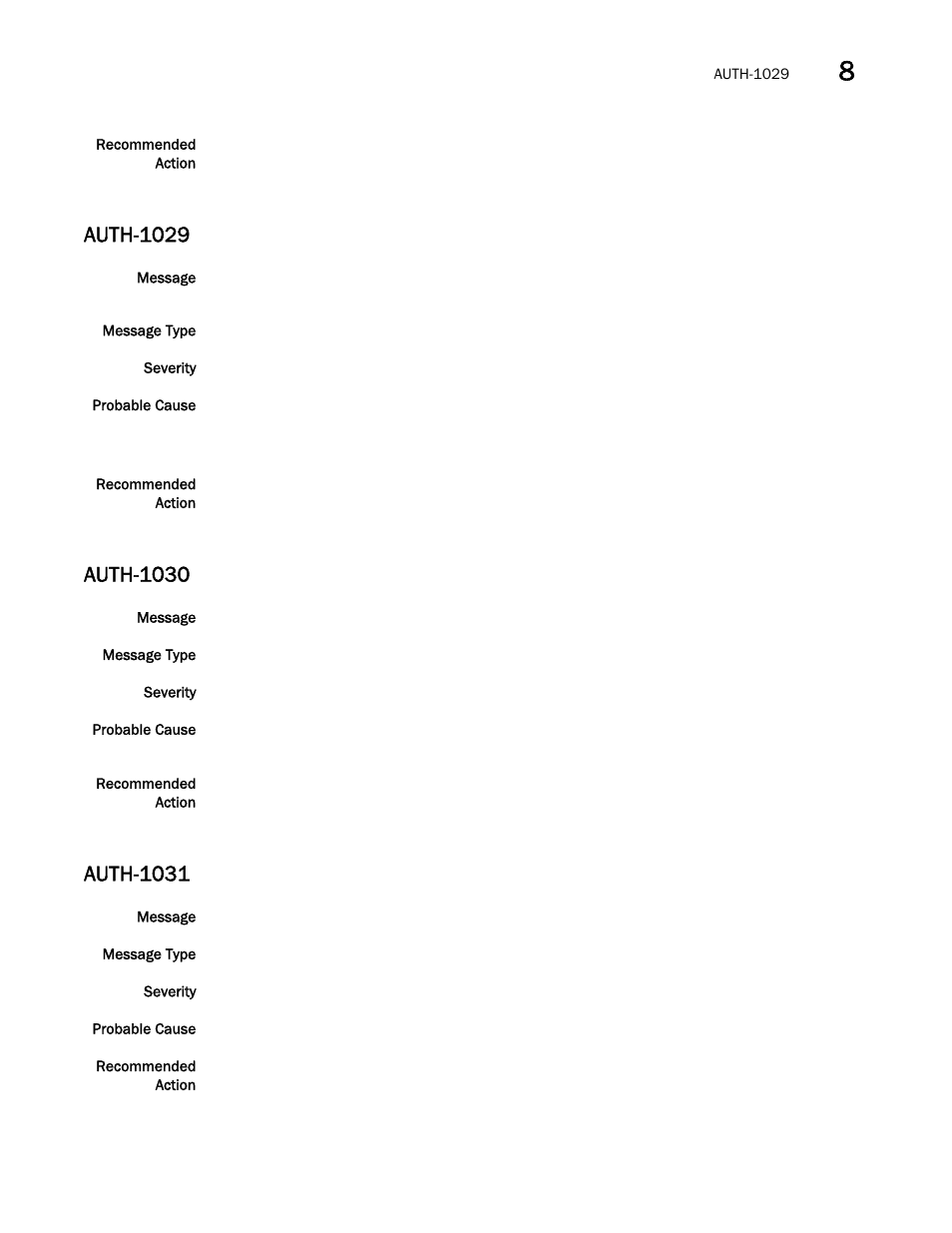 Auth-1029, Auth-1030, Auth-1031 | Brocade Network OS Message Reference v4.1.1 User Manual | Page 107 / 478