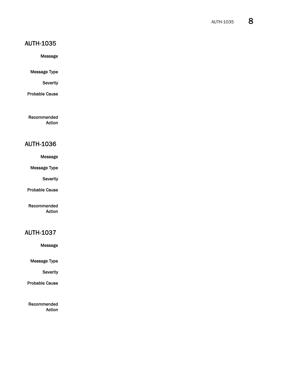 Auth-1035, Auth-1036, Auth-1037 | Brocade Network OS Message Reference v4.1.1 User Manual | Page 109 / 478