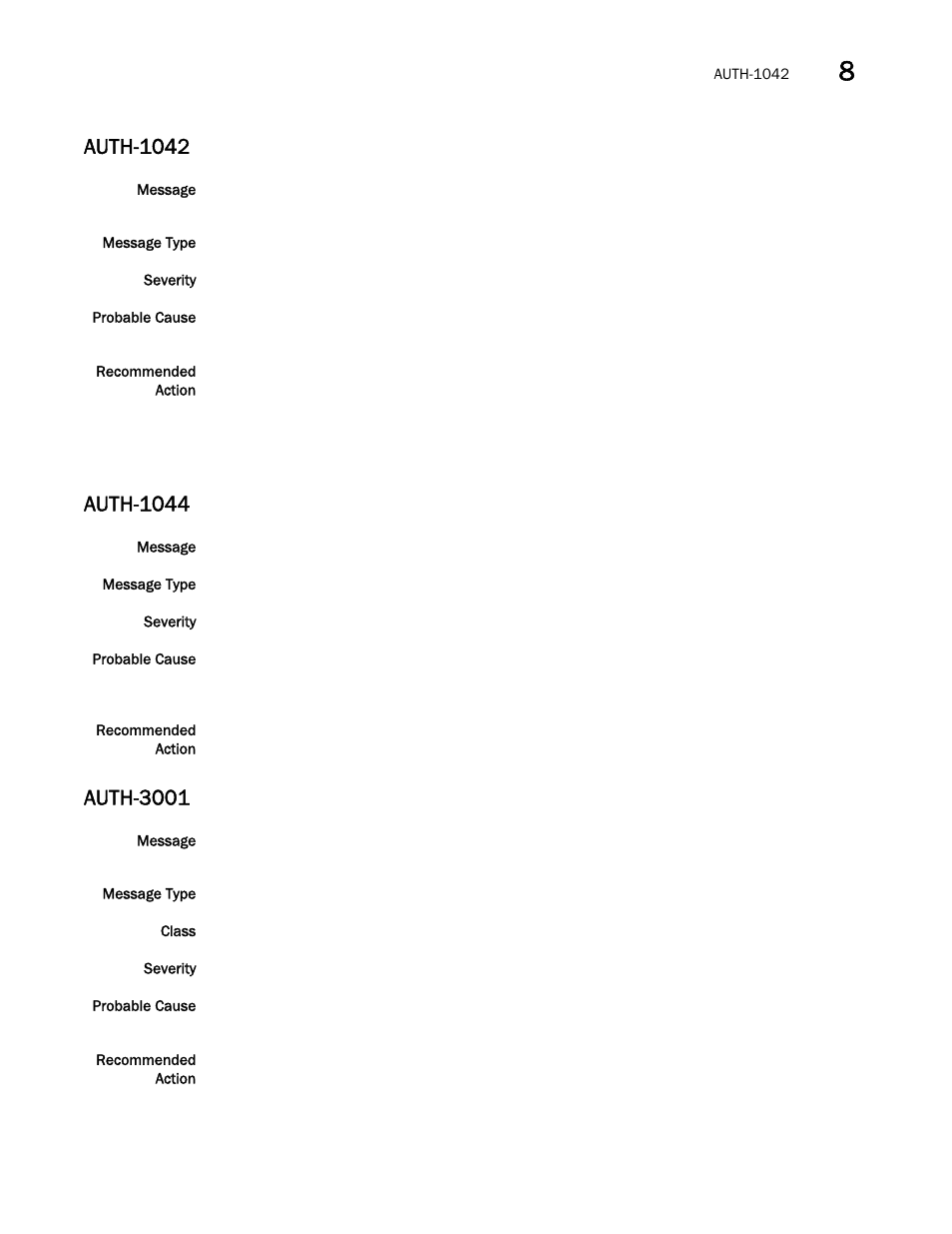 Auth-1042, Auth-1044, Auth-3001 | Brocade Network OS Message Reference v4.1.1 User Manual | Page 111 / 478