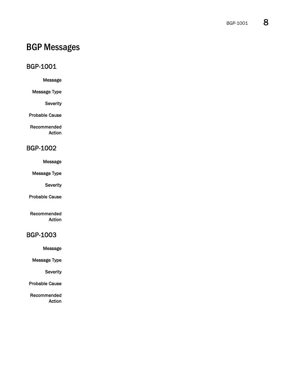 Bgp messages, Bgp-1001, Bgp-1002 | Bgp-1003 | Brocade Network OS Message Reference v4.1.1 User Manual | Page 115 / 478