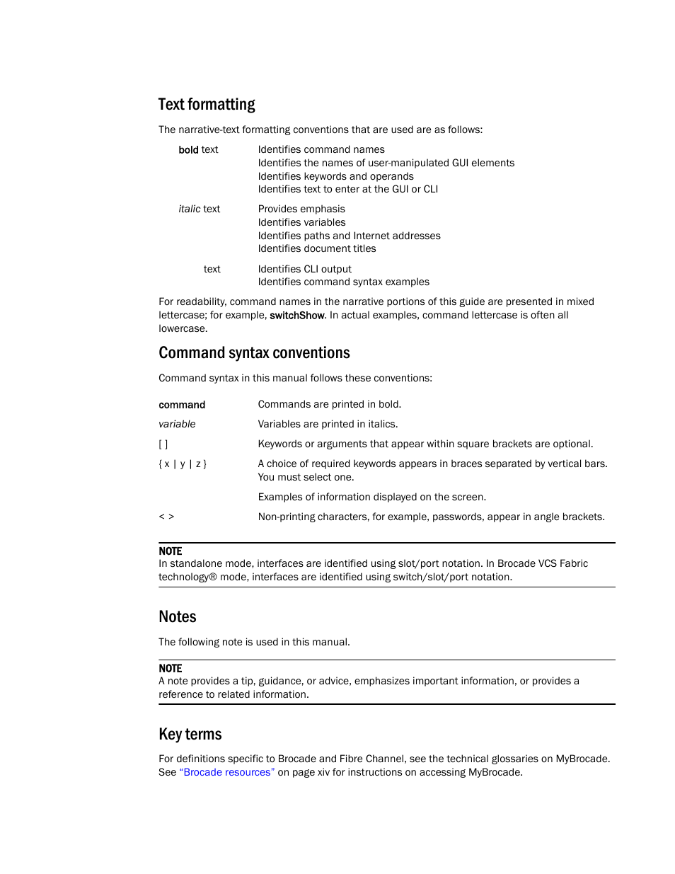 Text formatting, Command syntax conventions, Notes | Key terms | Brocade Network OS Message Reference v4.1.1 User Manual | Page 13 / 478