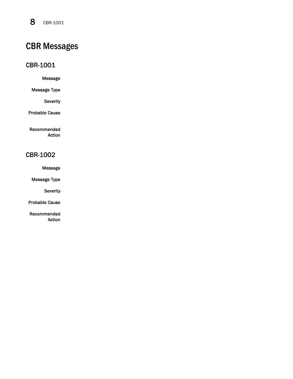 Cbr messages, Cbr-1001, Cbr-1002 | Brocade Network OS Message Reference v4.1.1 User Manual | Page 138 / 478