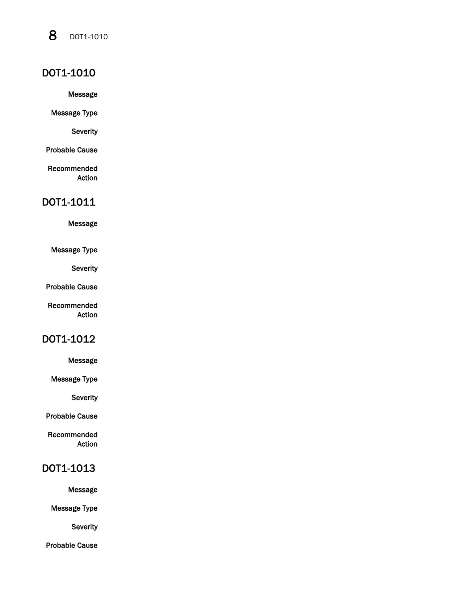 Dot1-1010, Dot1-1011, Dot1-1012 | Dot1-1013 | Brocade Network OS Message Reference v4.1.1 User Manual | Page 162 / 478