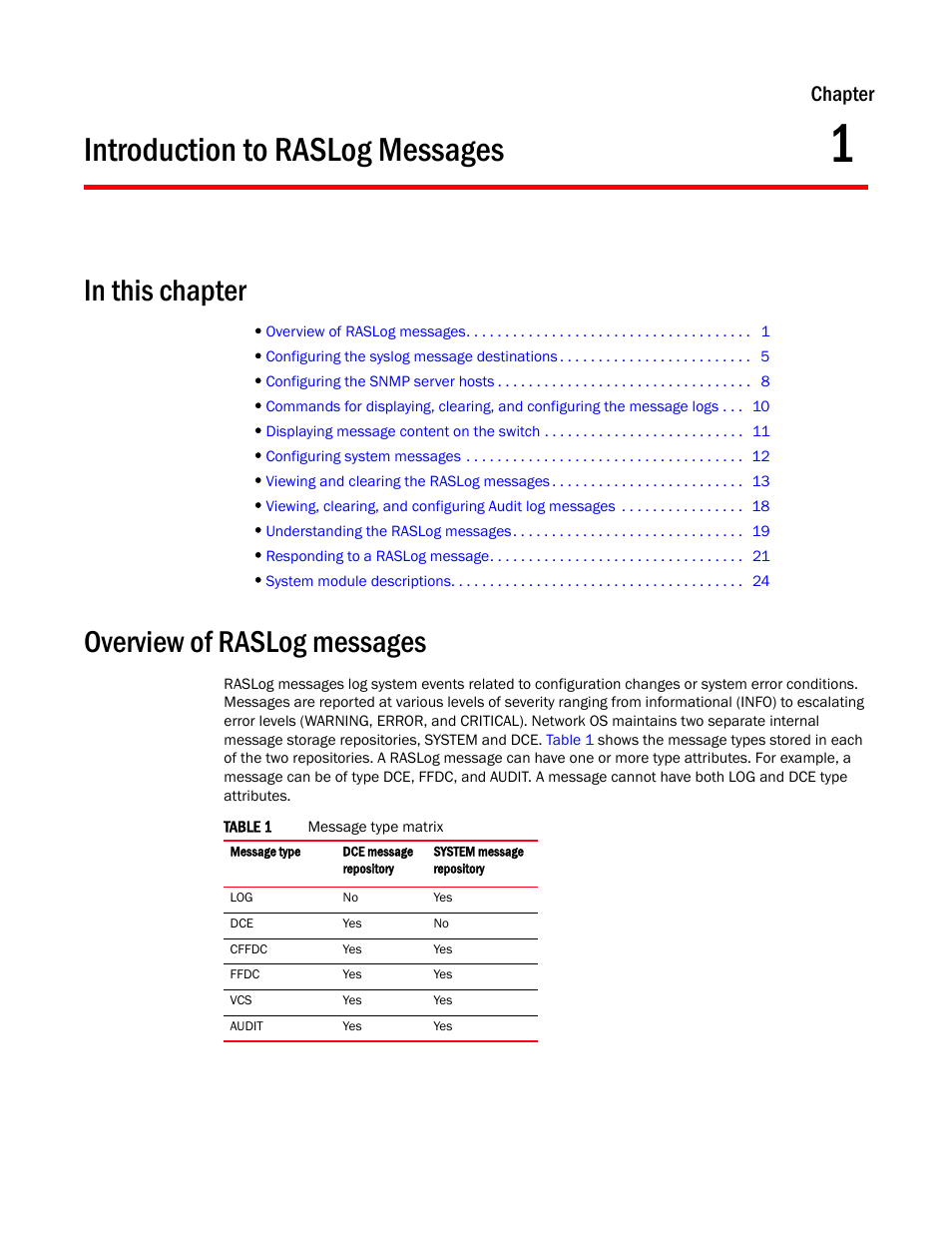 Introduction to raslog messages, Overview of raslog messages, Chapter 1 | Chapter 1, “introduction to raslog messages, Chapter | Brocade Network OS Message Reference v4.1.1 User Manual | Page 17 / 478