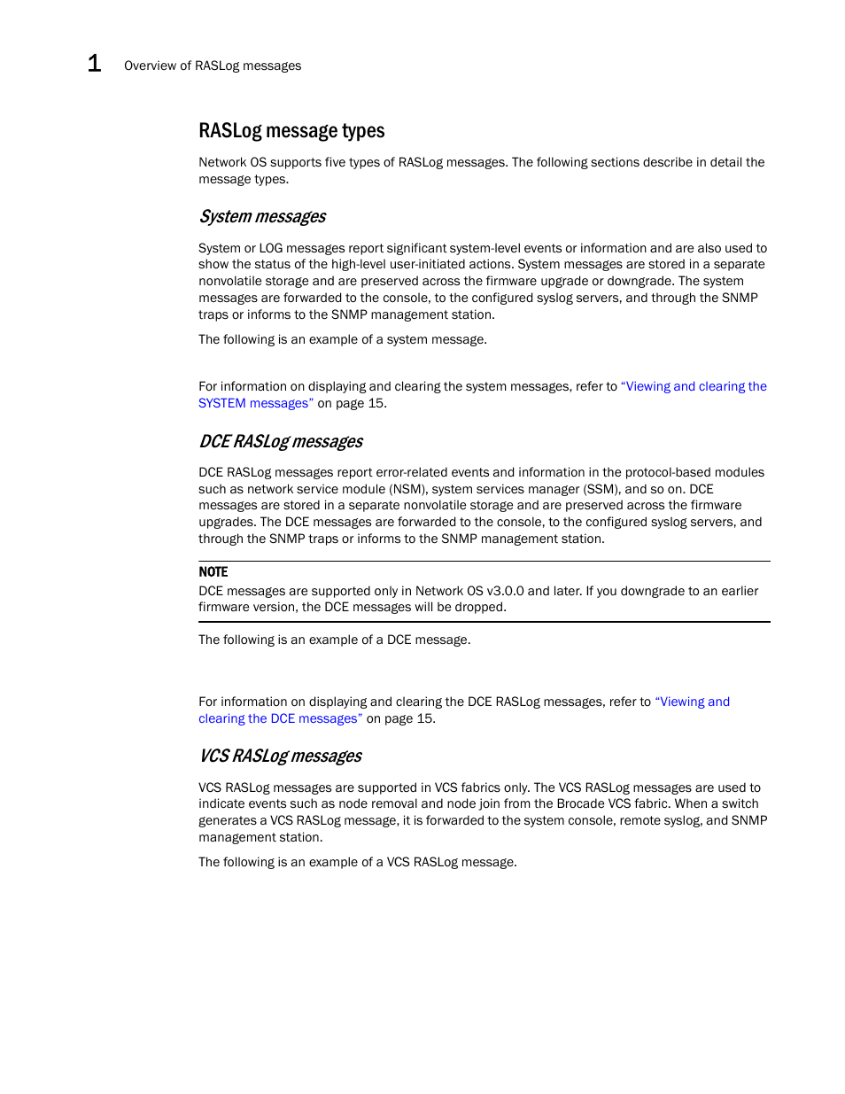 Raslog message types, System messages, Dce raslog messages | Vcs raslog messages | Brocade Network OS Message Reference v4.1.1 User Manual | Page 18 / 478