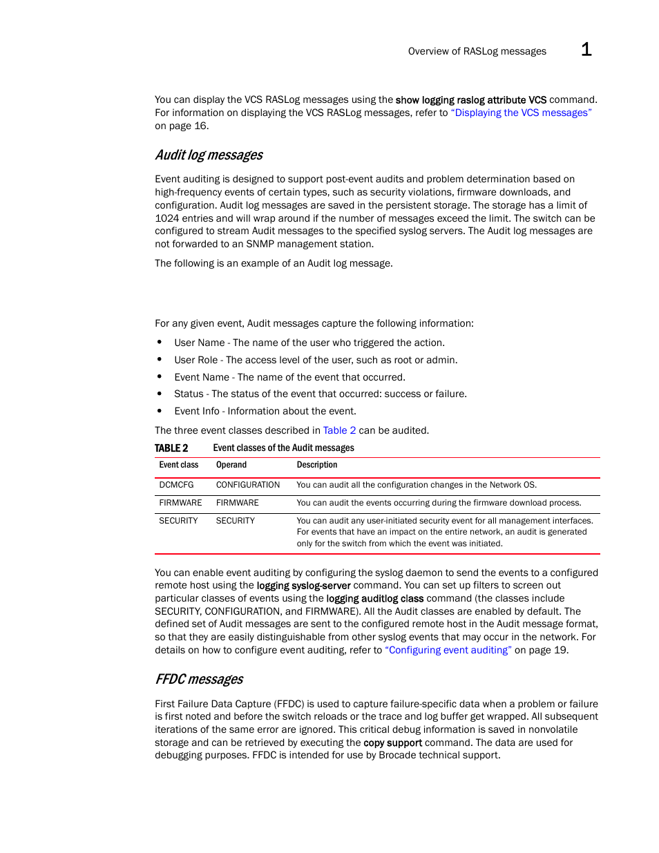 Audit log messages, Ffdc messages | Brocade Network OS Message Reference v4.1.1 User Manual | Page 19 / 478