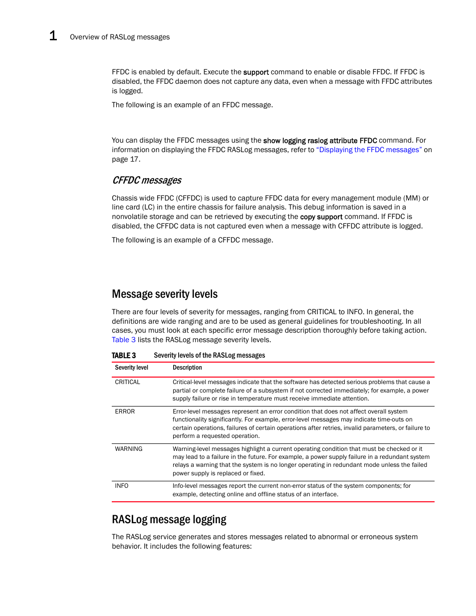 Message severity levels, Raslog message logging, Cffdc messages | Brocade Network OS Message Reference v4.1.1 User Manual | Page 20 / 478