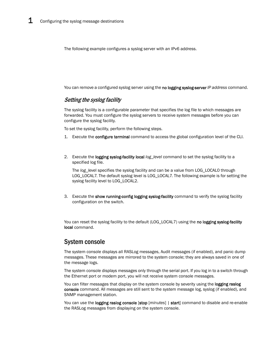 System console, Setting the syslog facility | Brocade Network OS Message Reference v4.1.1 User Manual | Page 22 / 478