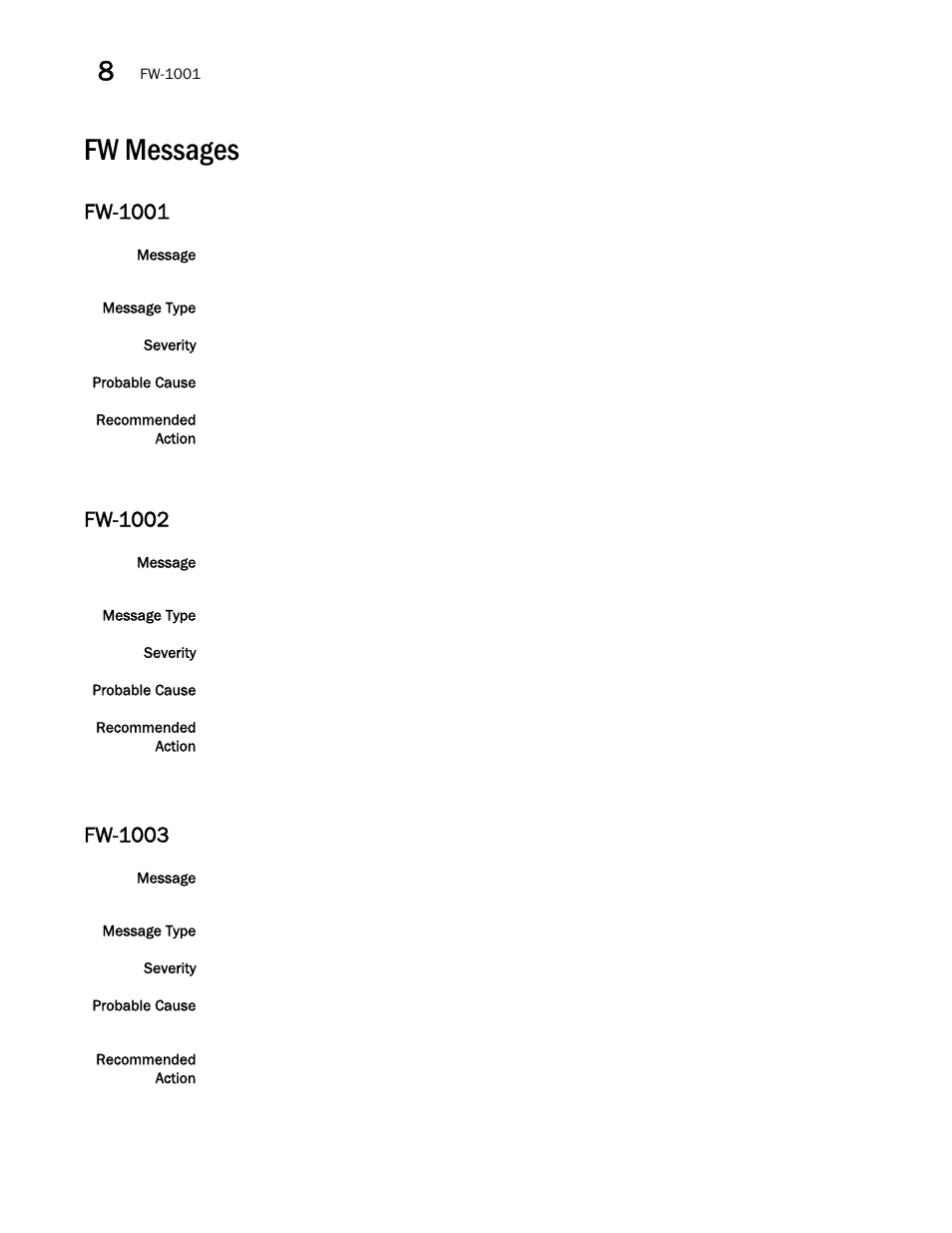 Fw messages, Fw-1001, Fw-1002 | Fw-1003 | Brocade Network OS Message Reference v4.1.1 User Manual | Page 222 / 478