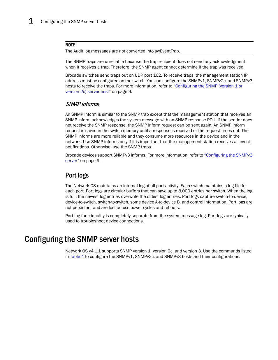 Port logs, Configuring the snmp server hosts, Snmp informs | Brocade Network OS Message Reference v4.1.1 User Manual | Page 24 / 478