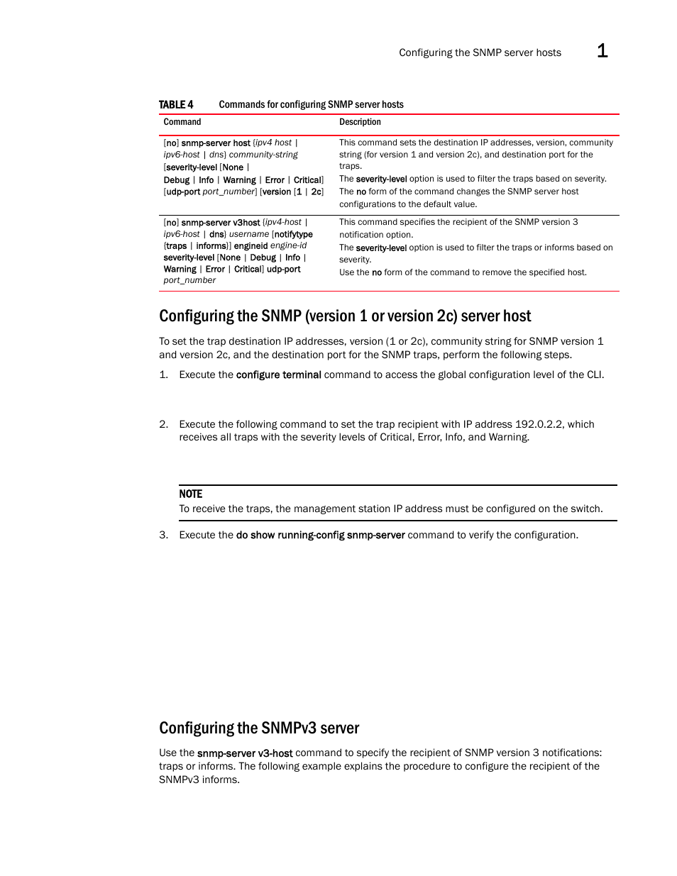 Configuring the snmpv3 server, Configuring the snmp (version 1 or, Version 2c) server host | Configuring the snmpv3, Server, Table 4 | Brocade Network OS Message Reference v4.1.1 User Manual | Page 25 / 478