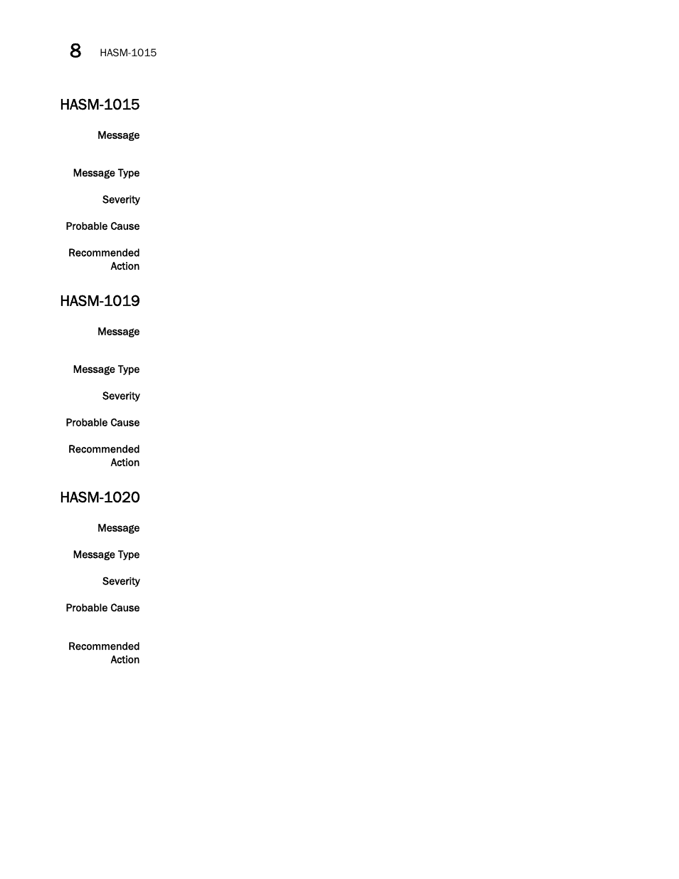 Hasm-1015, Hasm-1019, Hasm-1020 | Brocade Network OS Message Reference v4.1.1 User Manual | Page 252 / 478