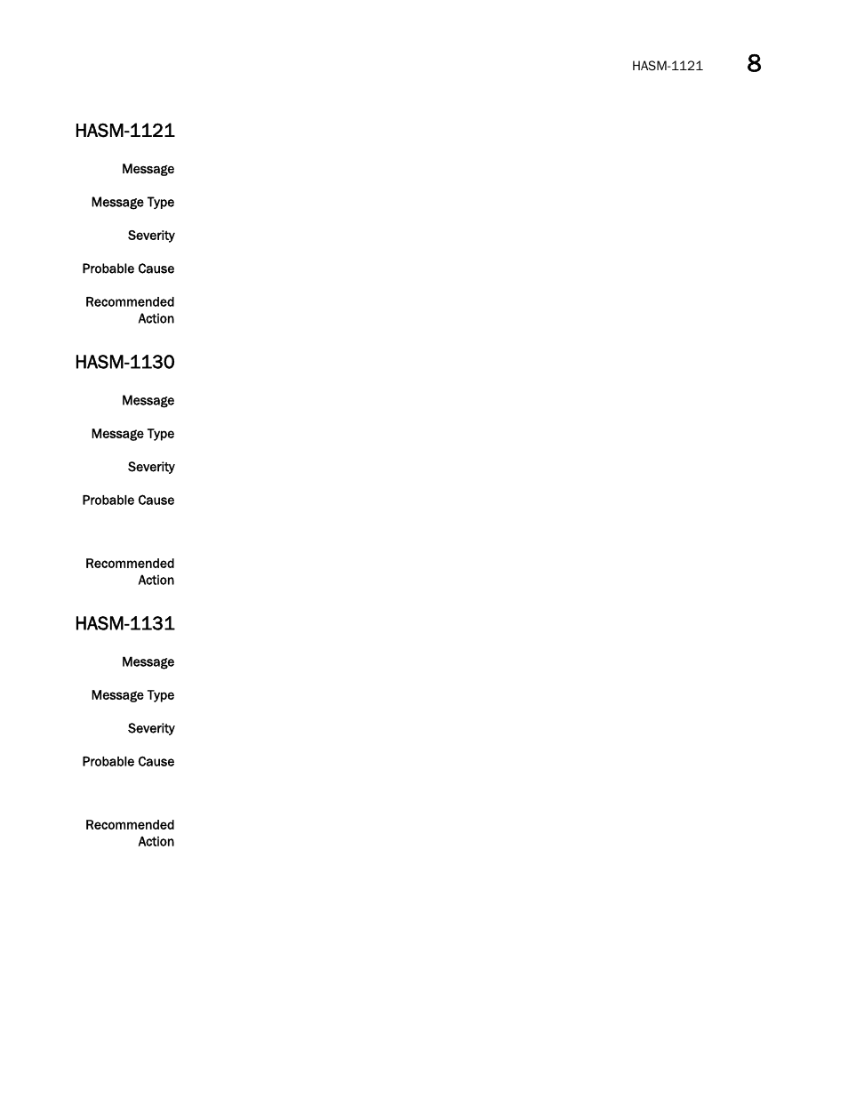 Hasm-1121, Hasm-1130, Hasm-1131 | Brocade Network OS Message Reference v4.1.1 User Manual | Page 259 / 478