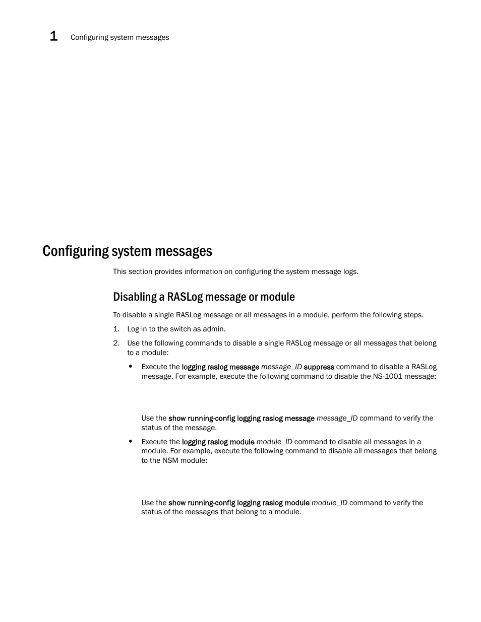 Configuring system messages, Disabling a raslog message or module | Brocade Network OS Message Reference v4.1.1 User Manual | Page 28 / 478