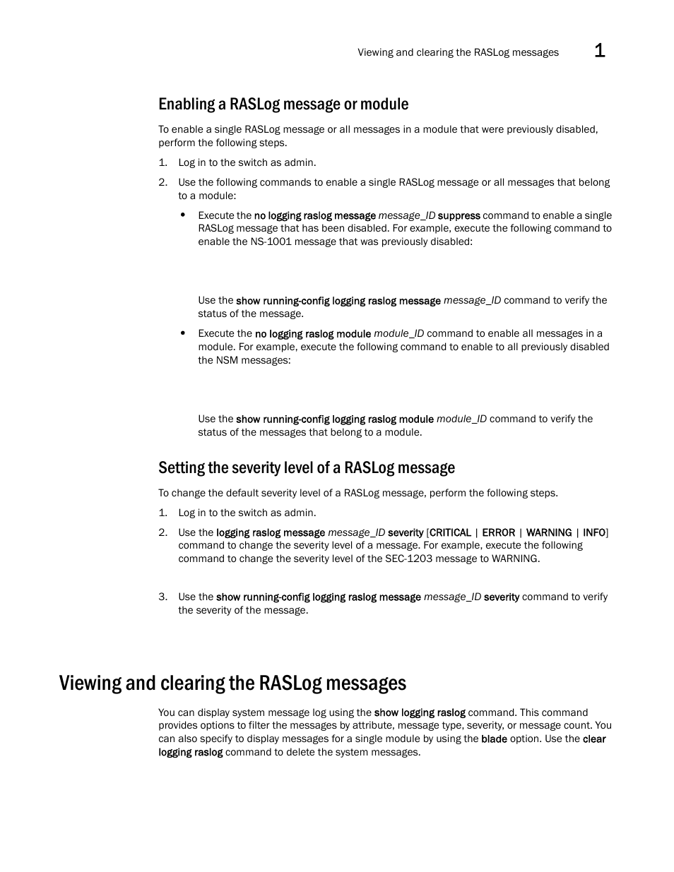 Enabling a raslog message or module, Setting the severity level of a raslog message, Viewing and clearing the raslog messages | Brocade Network OS Message Reference v4.1.1 User Manual | Page 29 / 478