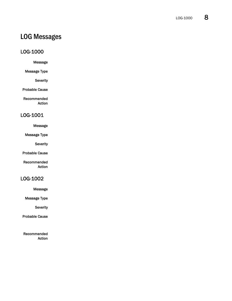 Log messages, Log-1000, Log-1001 | Log-1002 | Brocade Network OS Message Reference v4.1.1 User Manual | Page 291 / 478