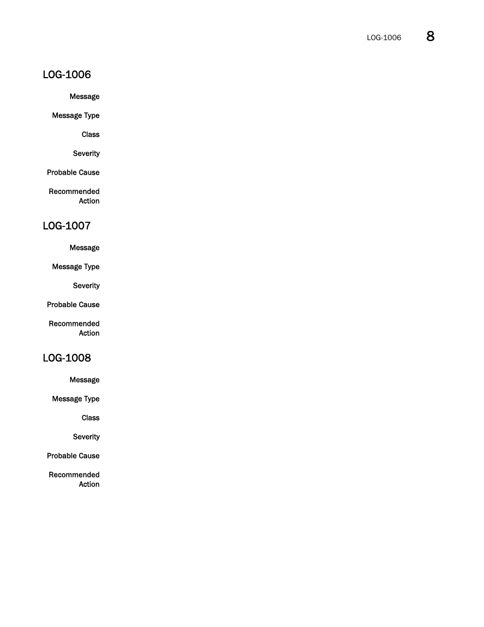 Log-1006, Log-1007, Log-1008 | Brocade Network OS Message Reference v4.1.1 User Manual | Page 293 / 478