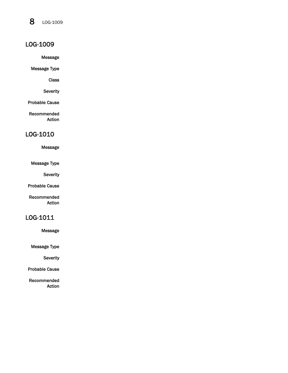 Log-1009, Log-1010, Log-1011 | Brocade Network OS Message Reference v4.1.1 User Manual | Page 294 / 478