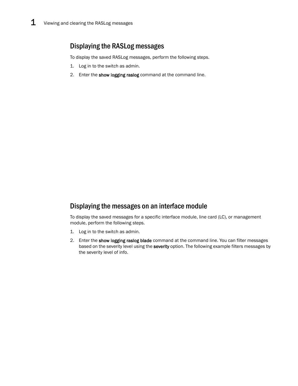 Displaying the raslog messages, Displaying the messages on an interface module | Brocade Network OS Message Reference v4.1.1 User Manual | Page 30 / 478