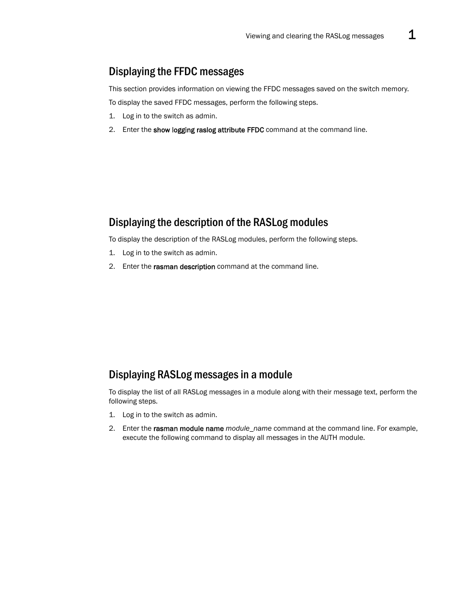 Displaying the ffdc messages, Displaying the description of the raslog modules, Displaying raslog messages in a module | Brocade Network OS Message Reference v4.1.1 User Manual | Page 33 / 478