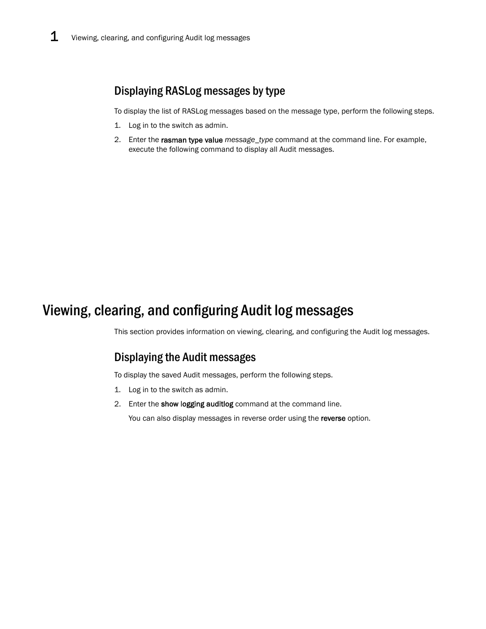 Displaying the audit messages, Displaying raslog messages by type | Brocade Network OS Message Reference v4.1.1 User Manual | Page 34 / 478