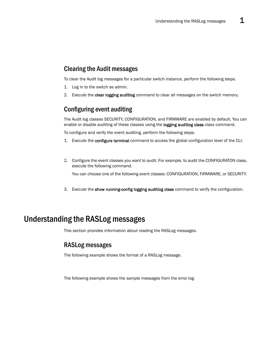 Clearing the audit messages, Configuring event auditing, Understanding the raslog messages | Raslog messages | Brocade Network OS Message Reference v4.1.1 User Manual | Page 35 / 478