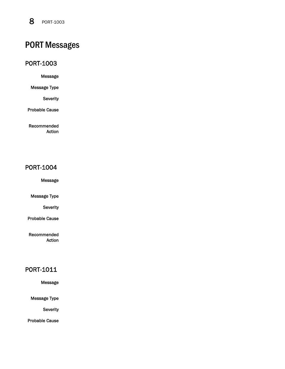 Port messages, Port-1003, Port-1004 | Port-1011 | Brocade Network OS Message Reference v4.1.1 User Manual | Page 358 / 478