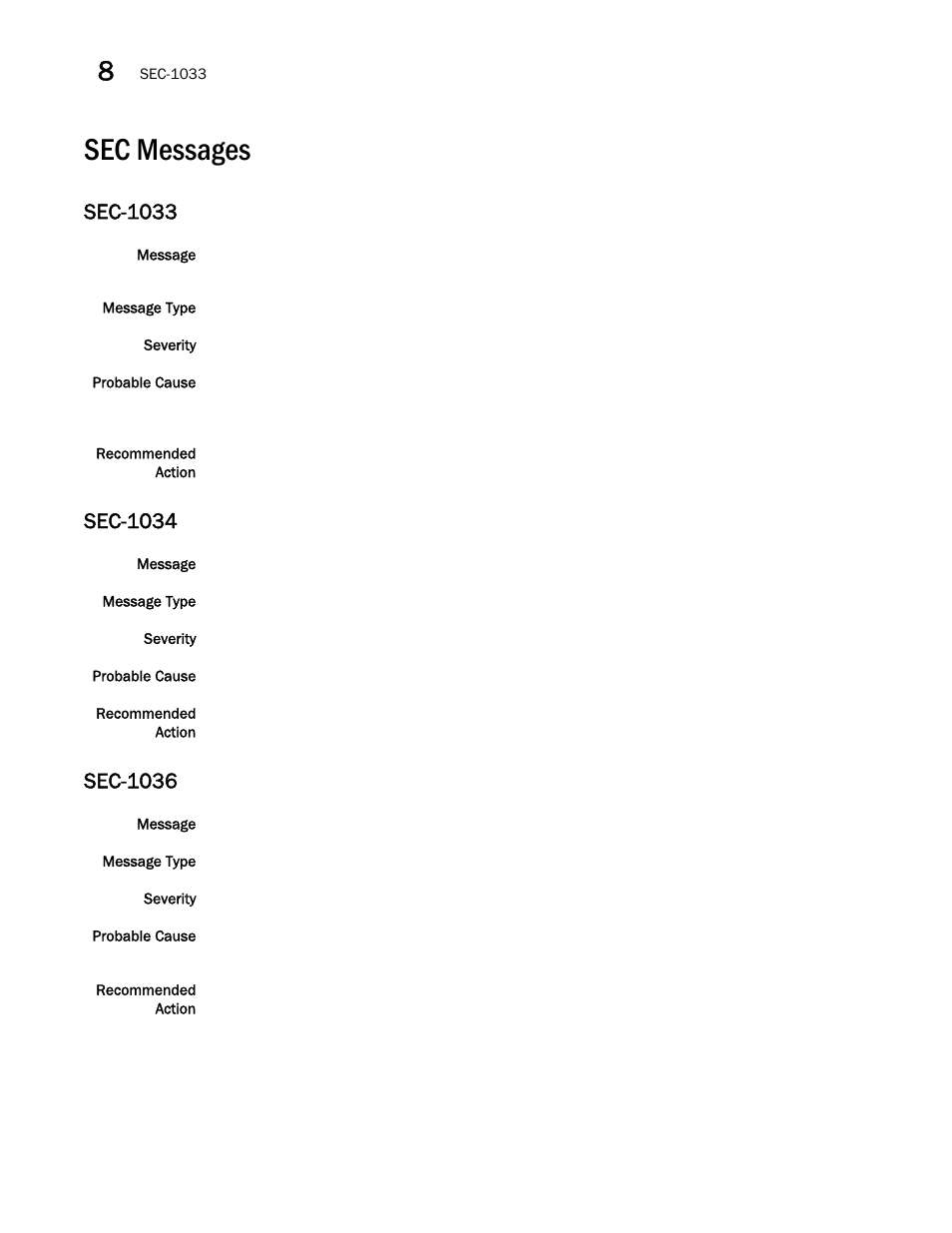 Sec messages, Sec-1033, Sec-1034 | Sec-1036 | Brocade Network OS Message Reference v4.1.1 User Manual | Page 380 / 478