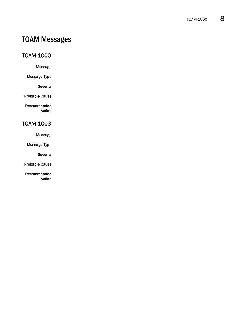 Toam messages, Toam-1000, Toam-1003 | Brocade Network OS Message Reference v4.1.1 User Manual | Page 445 / 478