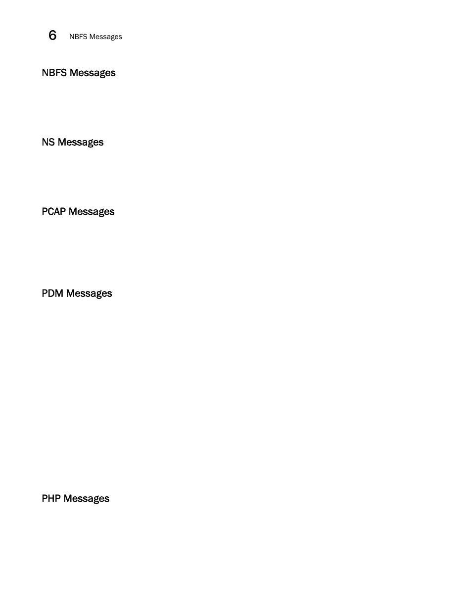 Nbfs messages, Ns messages, Pcap messages | Pdm messages, Php messages | Brocade Network OS Message Reference v4.1.1 User Manual | Page 82 / 478