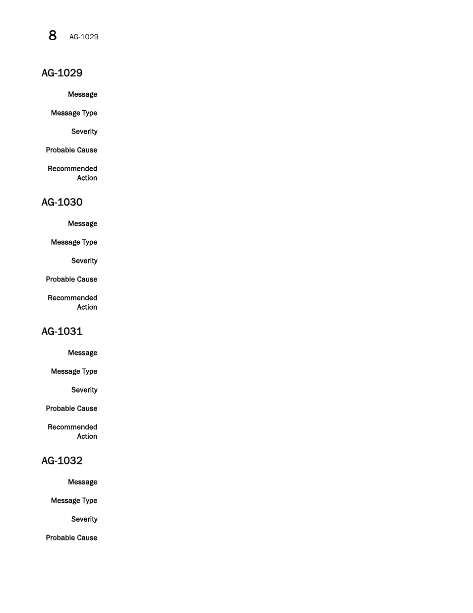 Ag-1029, Ag-1030, Ag-1031 | Ag-1032 | Brocade Network OS Message Reference v4.1.1 User Manual | Page 98 / 478