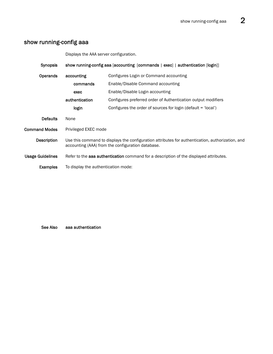 Show running-config aaa | Brocade Network OS Command Reference v4.1.0 User Manual | Page 1033 / 1418