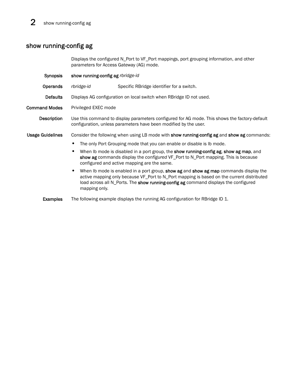 Show running-config ag | Brocade Network OS Command Reference v4.1.0 User Manual | Page 1036 / 1418