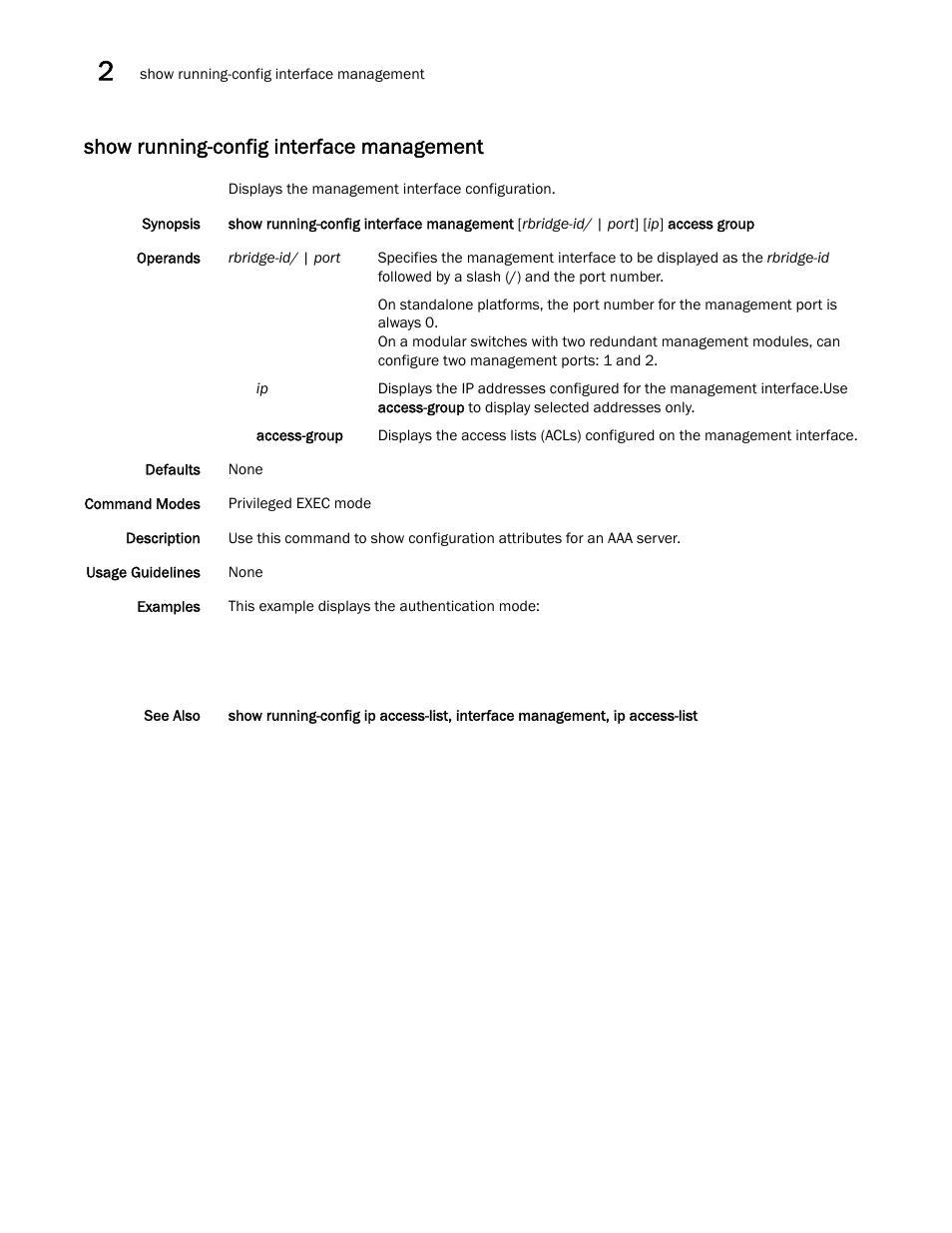 Show running-config interface management | Brocade Network OS Command Reference v4.1.0 User Manual | Page 1092 / 1418