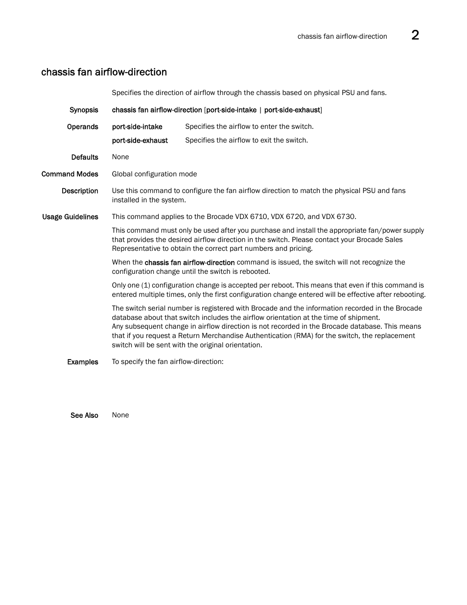 Chassis fan airflow-direction | Brocade Network OS Command Reference v4.1.0 User Manual | Page 113 / 1418