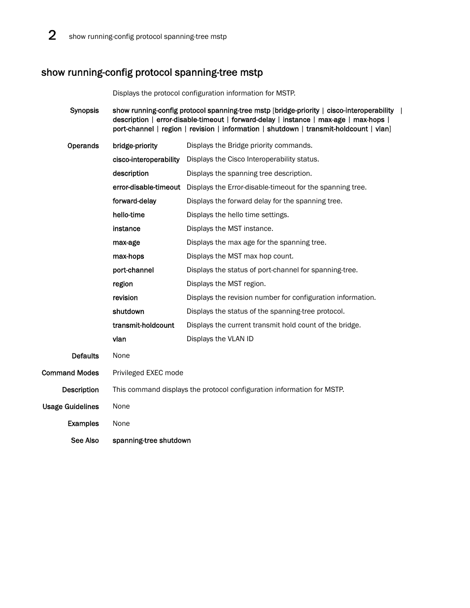 Show running-config protocol spanning-tree mstp | Brocade Network OS Command Reference v4.1.0 User Manual | Page 1148 / 1418