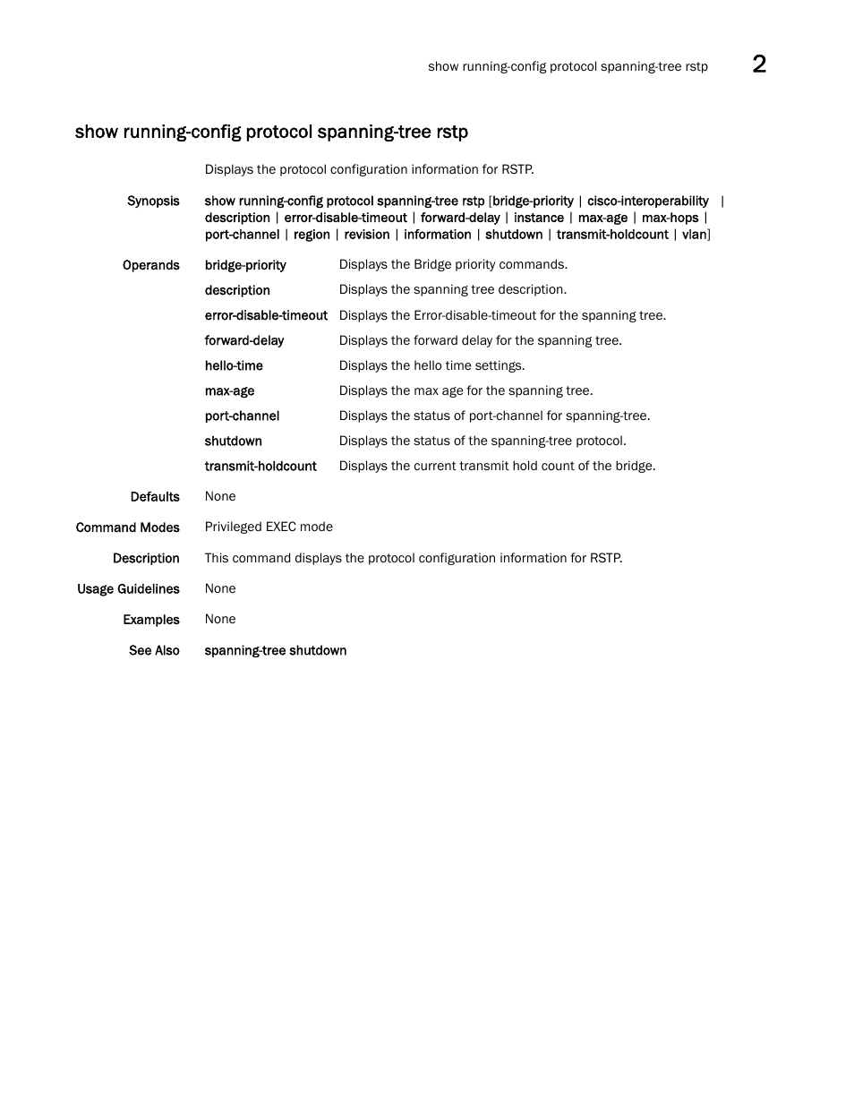 Show running-config protocol spanning-tree rstp | Brocade Network OS Command Reference v4.1.0 User Manual | Page 1151 / 1418