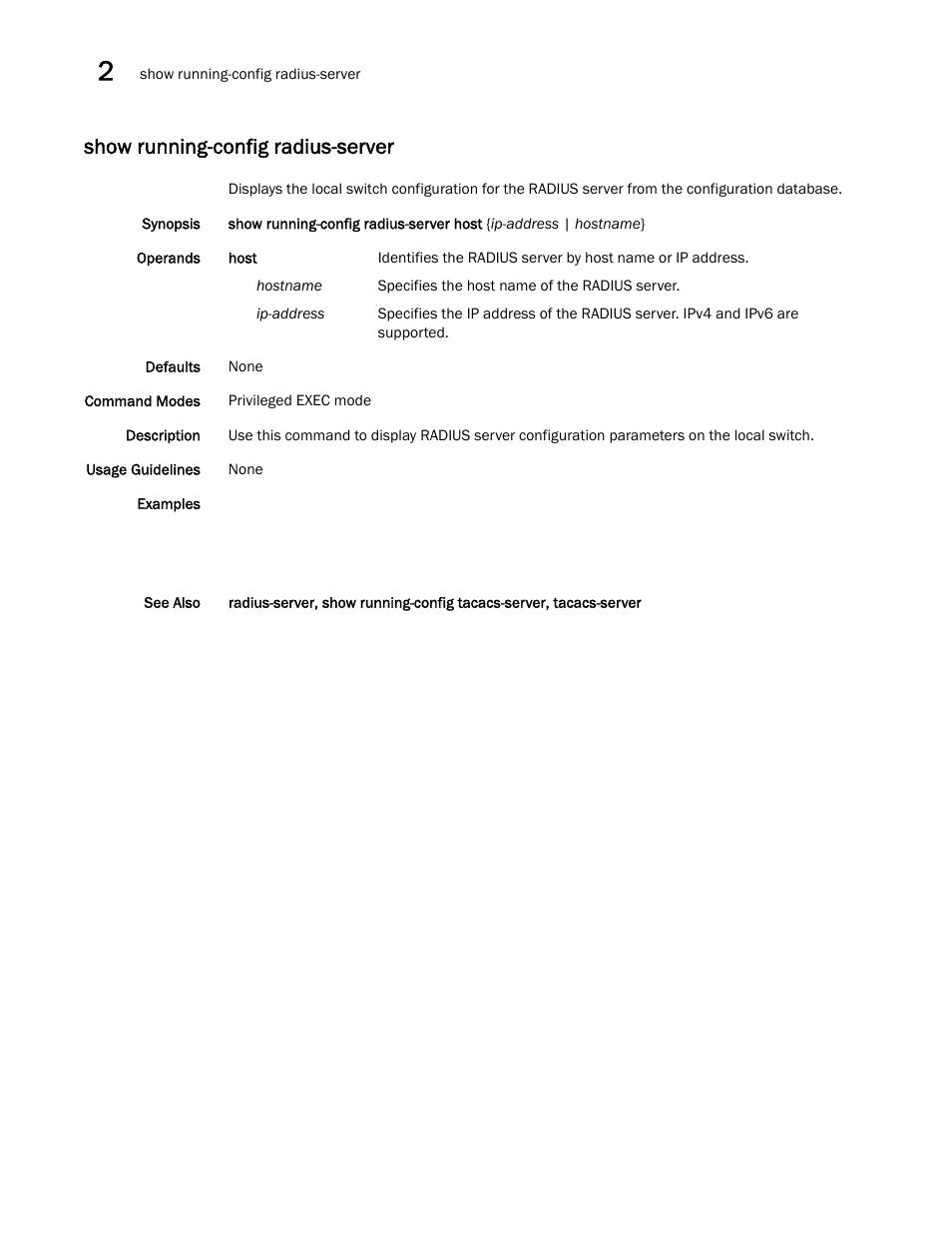Show running-config radius-server | Brocade Network OS Command Reference v4.1.0 User Manual | Page 1154 / 1418