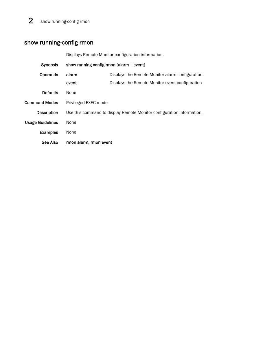 Show running-config rmon | Brocade Network OS Command Reference v4.1.0 User Manual | Page 1158 / 1418