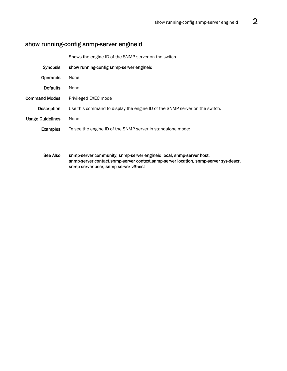 Show running-config snmp-server engineid | Brocade Network OS Command Reference v4.1.0 User Manual | Page 1169 / 1418