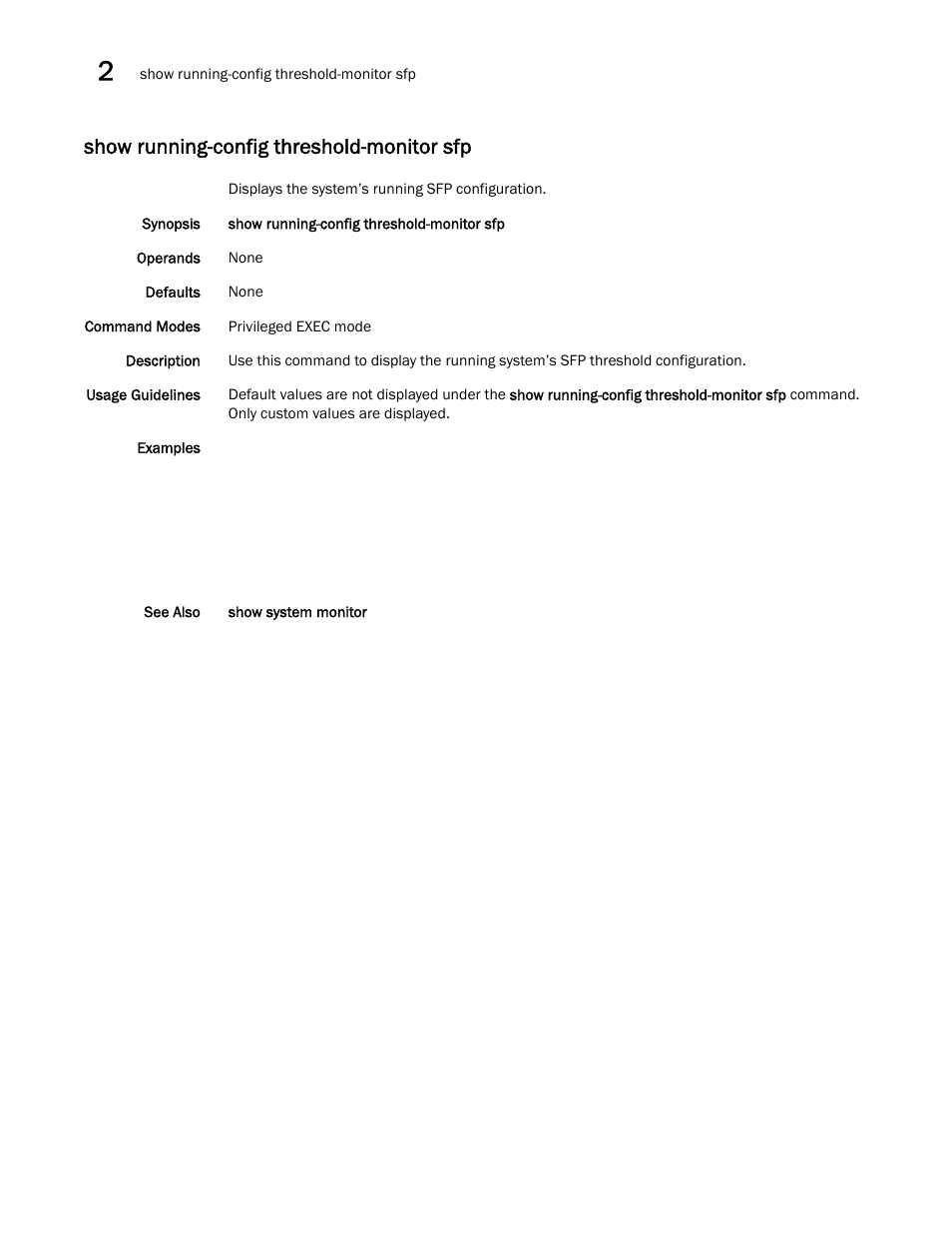 Show running-config threshold-monitor sfp | Brocade Network OS Command Reference v4.1.0 User Manual | Page 1184 / 1418