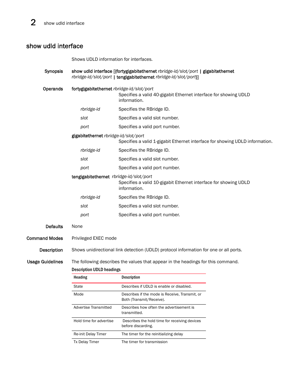 Show udld interface | Brocade Network OS Command Reference v4.1.0 User Manual | Page 1232 / 1418
